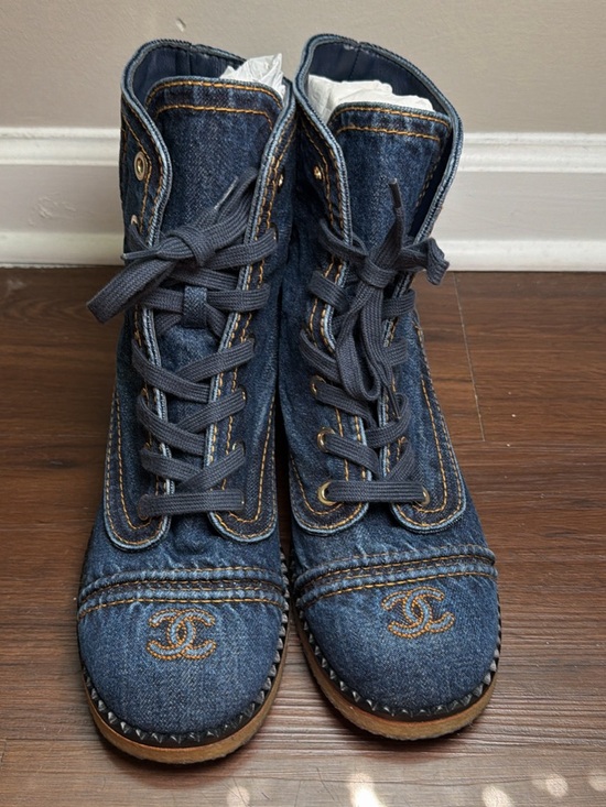 CHANEL Shoes - Chanel Denim Navy Lace-Ups Boot